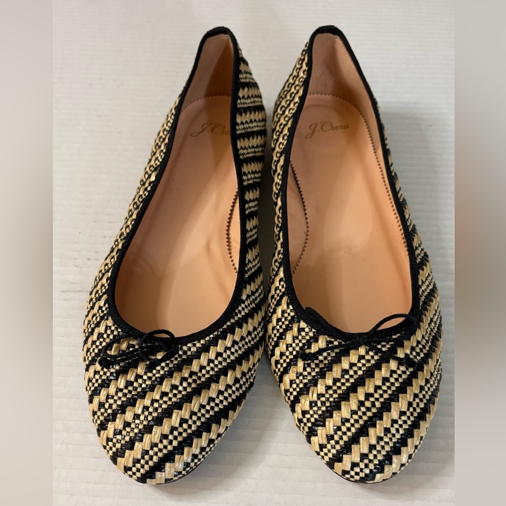 J. Crew Kiki Raffia Woven Black and Tan Flats